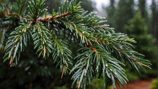 Foto la rama del pino con las gotas de lluvia de cerca