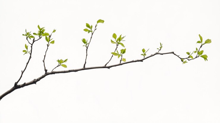 una rama con unas pocas hojas que tienen la palabra " primavera " en ella