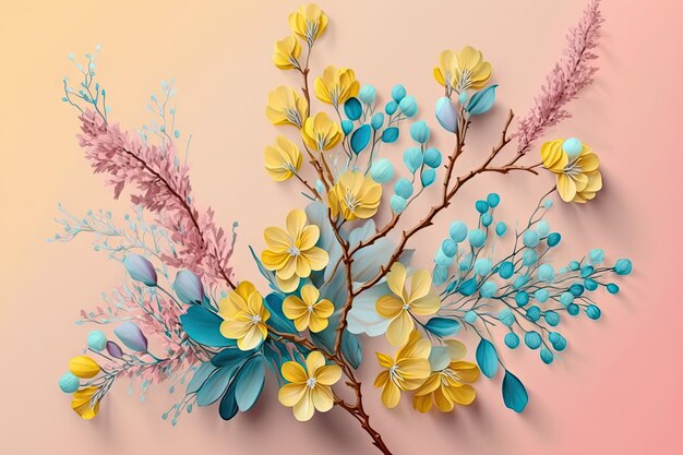 Rama de primavera con flores de colores azul amarillo sobre fondo rosa pastel creado con ai generativo