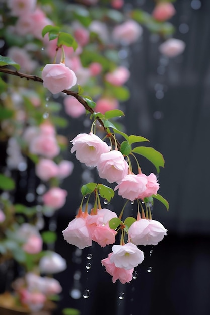 Una rama de rosas rosadas con gotas de lluvia