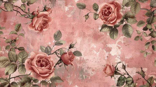 Foto rama de rosas rosadas polvorientas con fondo de color rosa vintage