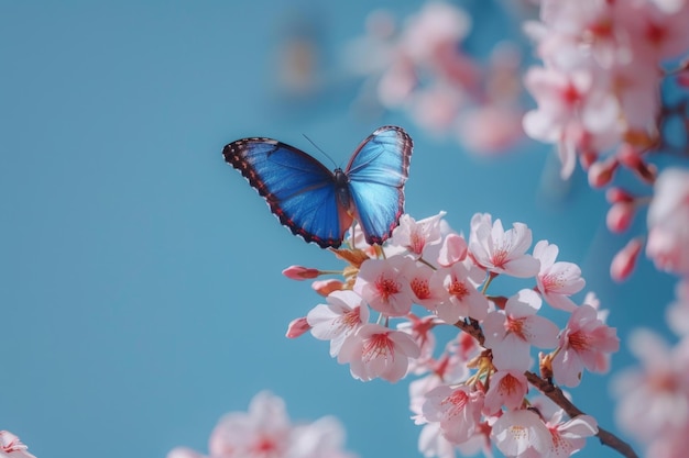 La rama de Sakura con la mariposa morfo azul contra el cielo