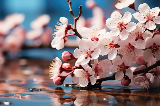 Foto una rama de sakura rosa por encima del agua con reflejo en un fondo con bokeh copiar espacio