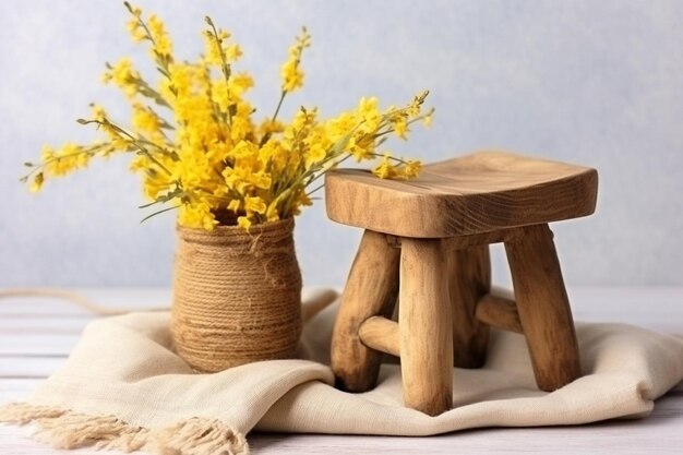 Foto la rama seca de forsythia en un jarrón de madera en un taburete