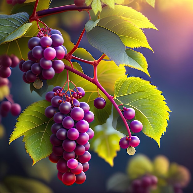 Rama con uvas moradas en un árbol de uva de primavera sobre un fondo borroso de la naturaleza Obra de arte digital