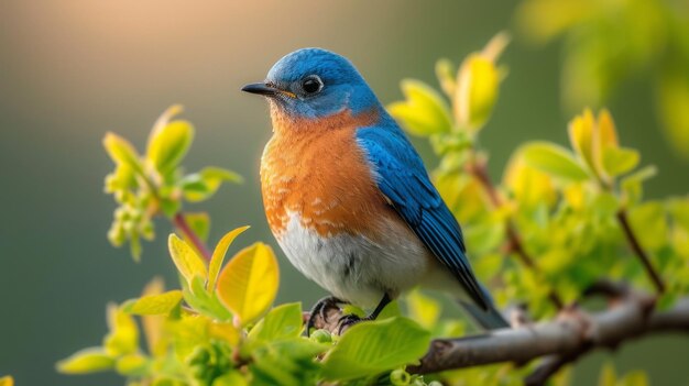 La rama verde del árbol del pájaro azul del este El fondo borroso