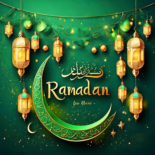 Ramadã Dourado Kareem Font Com Lua Crescente Iluminadas Lanternas Penduradas e Banderas em Verde