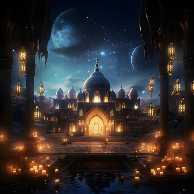 Foto ramadã kareem fundo com mesquita e lua