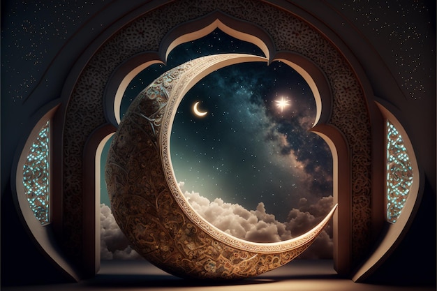 Ramadã o mês sagrado dos muçulmanos em forma de lua crescente e noite nublada e céu estrelado