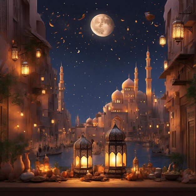 Ramadan cidade mistura lanterna 3D serenidade quente