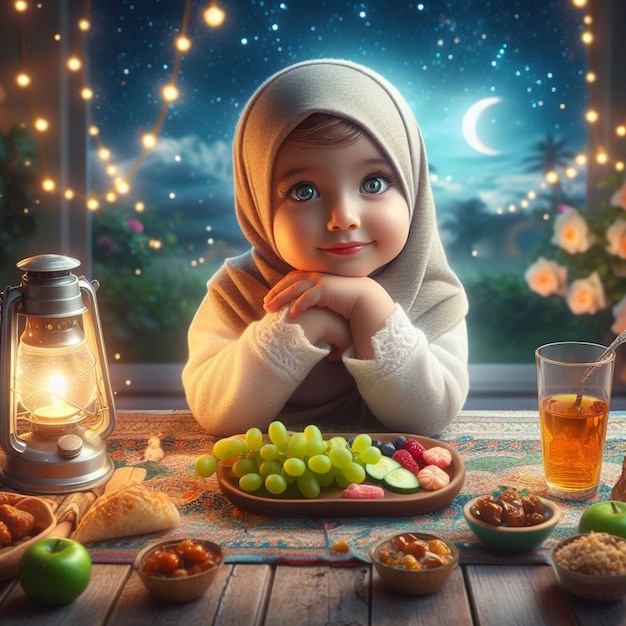 Ramadan come uma criança muçulmana bonita saboreando os sabores da festa do iftar