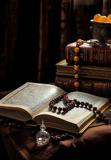 Ramadán un Corán abierto listo para recitar algunas oraciones con una misbaha en la parte superior