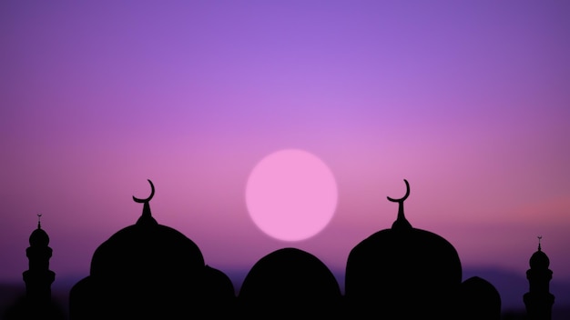 Foto ramadan eid aifitrneujahr muharram islamische religion symbole mit moscheen domemoon silhouette auf dunkelrotem und violettem rosa dämmerungshimmel bei nachtsonnenuntergang arabischeid aladhamubarak muslimisches konzept