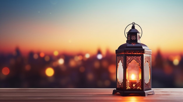 Ramadan Eid Mubarak Lampe oder Laternenlicht Nachtstadthintergrund mit Bokeh