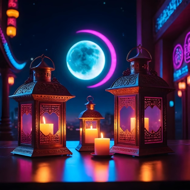 Foto ramadan foto feiern mit laterne hintergrund neon licht mond