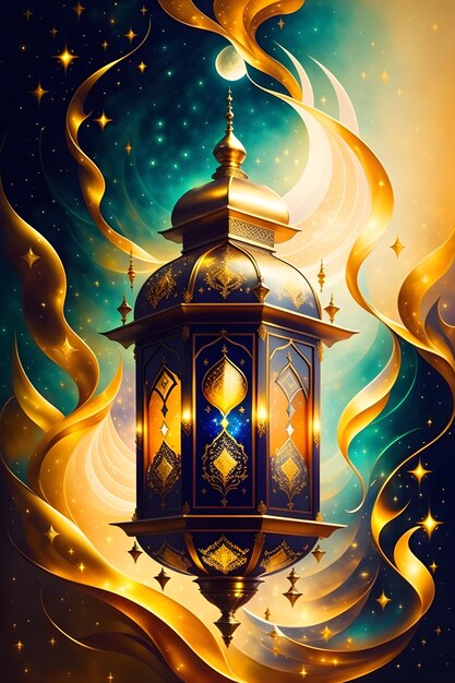 Ramadan glühen in einer goldenen Laterne Nacht sternenreiche Eleganz mit wirbelnden Lichtern beleuchtet heiliger Monat