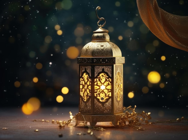 Ramadan-Hintergrund mit einer goldenen Laterne und dem Mond