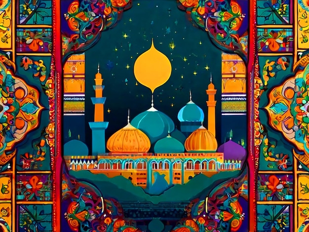 Foto ramadán con una impresionante escena de eid al-fitr con colores vibrantes