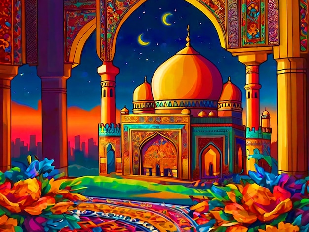 Foto ramadán con una impresionante escena de eid al-fitr con colores vibrantes
