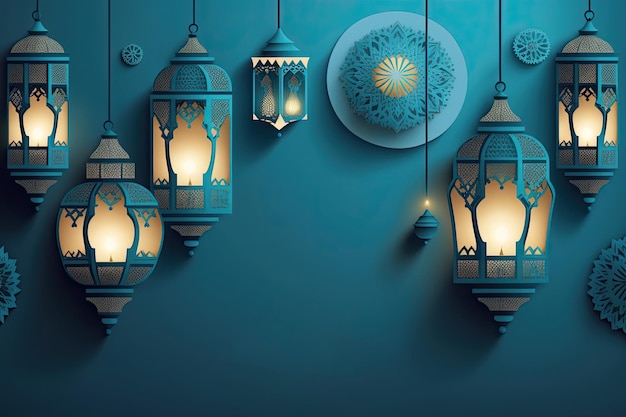 Ramadán islámico mubarak celebración linterna luz fondo liso ai generado