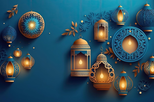 Ramadán islámico mubarak celebración linterna luz fondo liso ai generado