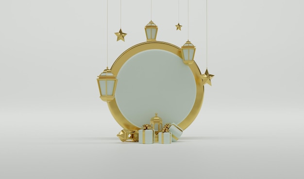 Foto ramadan kareem 3d render com caixa de presente e ilustração de luzes