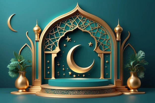 Ramadan Kareem 3D-Vektor des klassischen Teal muslimische islamische Festival Thema Produkt Anzeige Hintergrund mit goldenem Halbmond und islamischen Dekorationen arabische Fenster und Podium Studio religiöse Symbole