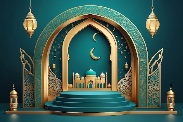 Ramadan Kareem 3D-Vektor des klassischen Teal muslimische islamische Festival Thema Produkt Anzeige Hintergrund mit goldenem Halbmond und islamischen Dekorationen arabische Fenster und Podium Studio religiöse Symbole