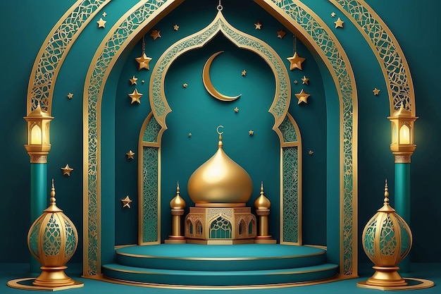 Ramadan Kareem 3D-Vektor des klassischen Teal muslimische islamische Festival Thema Produkt Anzeige Hintergrund mit goldenem Halbmond und islamischen Dekorationen arabische Fenster und Podium Studio religiöse Symbole