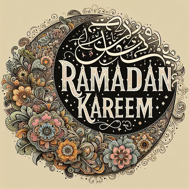 Ramadan Kareem adornado com intrincados padrões florais fundindo natureza com tipografia