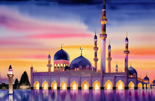 Ramadan Kareem Aquarela Mesquita Ilustração do projeto de arquitetura islâmica sob a lua Festival Muçulmano Ramzan Banner com minaretes de mesquita Generative AI