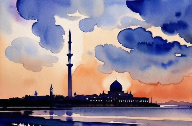 Ramadan Kareem Aquarell Moschee Illustration des islamischen Architekturdesigns unter dem Mond Muslim Festival Ramzan Banner mit Minaretten der Moschee Generative AI