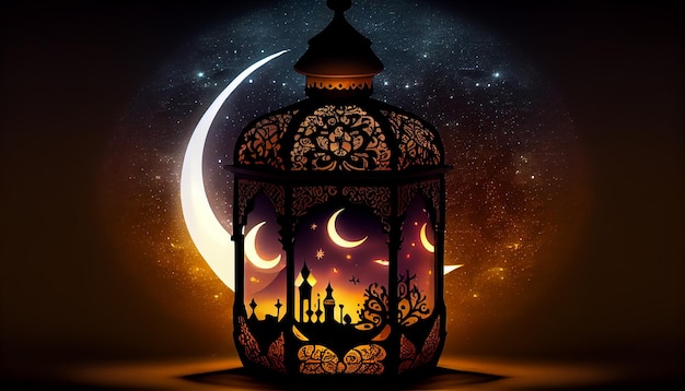 Ramadan Kareem arabische Laterne mit Halbmond auf Nachthimmel Hintergrund Generative AI