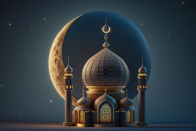 Ramadan Kareem Background com Mesquita e Lua Crescente renderização 3d