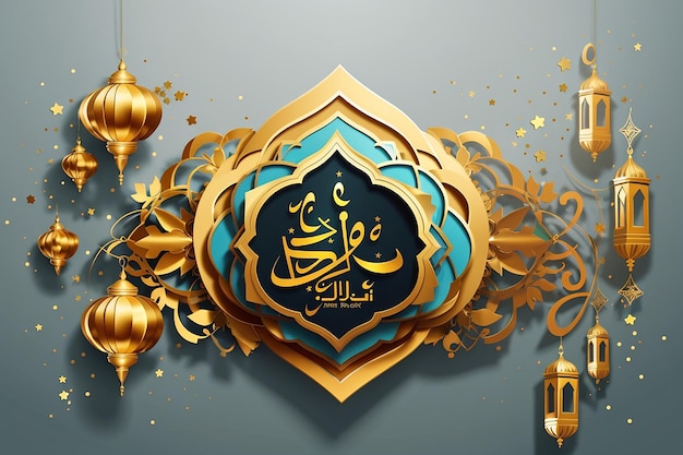 Ramadan kareem bandeira de saudação dourada modelo de design de ilustração com elemento 3d dourado 2024