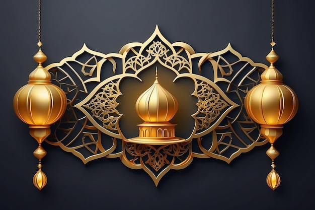 Ramadan kareem bandeira de saudação dourada modelo de design de ilustração com elemento 3d dourado 2024