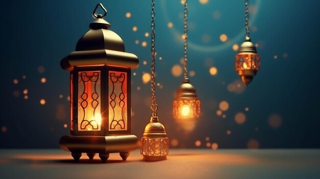 Ramadan Kareem Begrüßung Hintergrund mit hängenden Laternen 3D-Rendering