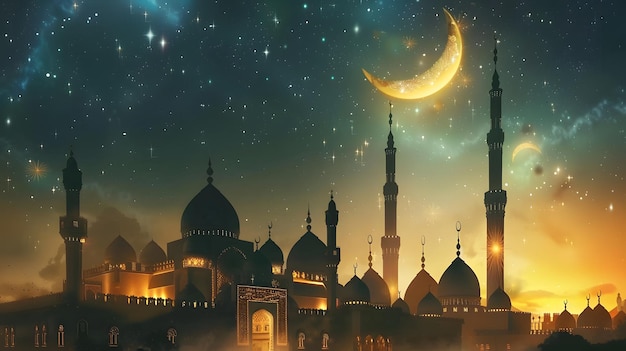 Ramadan Kareem Begrüßungsfoto mit ruhigem Moschee-Hintergrund mit schöner leuchtender Laterne