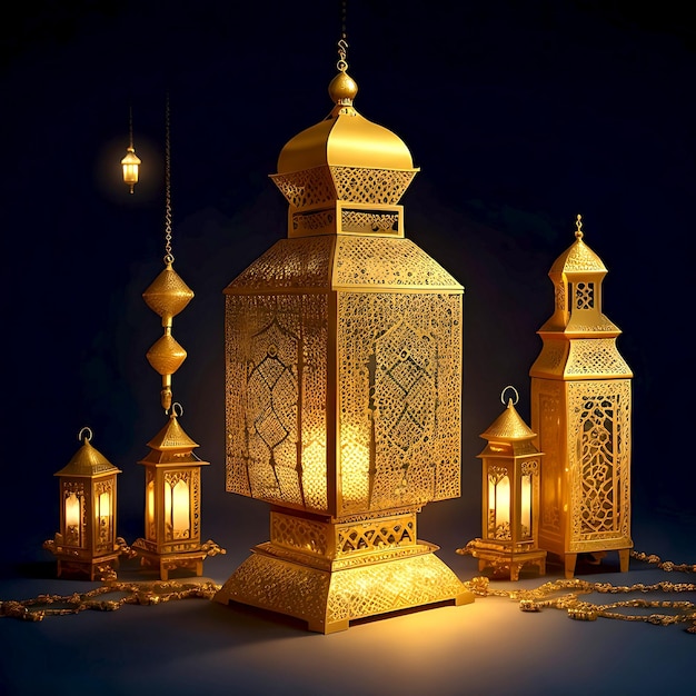 Ramadan kareem con caligrafía árabe y linternas de oro