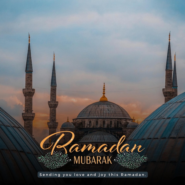 Ramadán Kareem en caligrafía árabe saludos con moque islámico y decoración