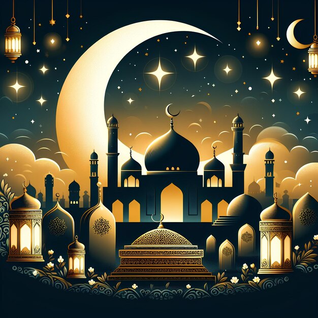 Ramadan Kareem cartão de saudação celebrando Ramadan decorações com lua crescente começa mesquita túmulo L