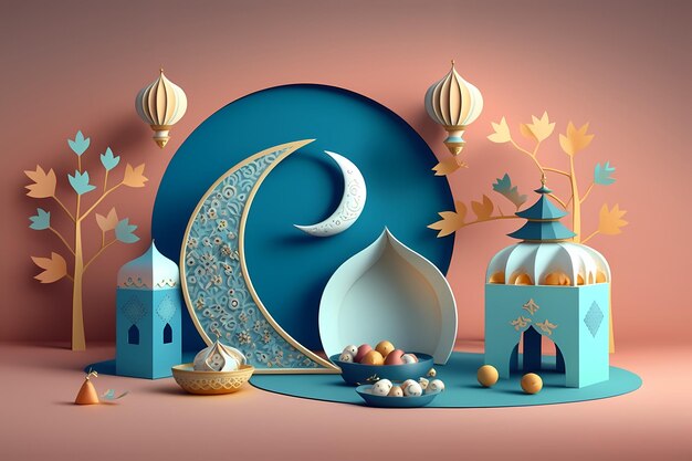 Ramadán kareem Celebración, Decoración 3D Render Ilustración