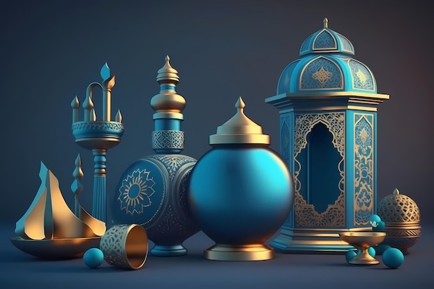 Ramadán kareem Celebración, Decoración 3D Render Ilustración