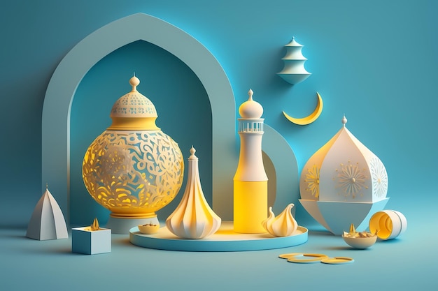 Ramadán kareem Celebración, Decoración 3D Render Ilustración