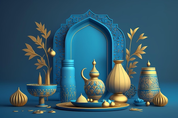 Ramadán kareem Celebración, Decoración 3D Render Ilustración