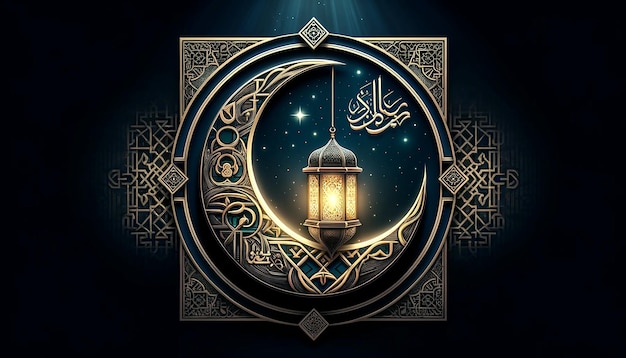 Ramadan kareem com belo crescente e fundo de lanterna