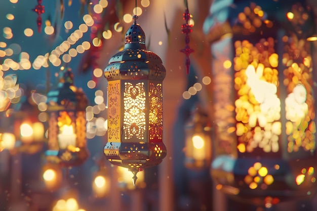 Ramadan kareem com caligrafia árabe e lanternas douradas