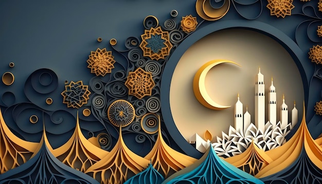 Ramadan Kareem com lindo fundo de lua crescente para banner