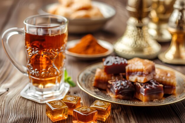 Ramadan kareem comida e decoração em mesa de madeira