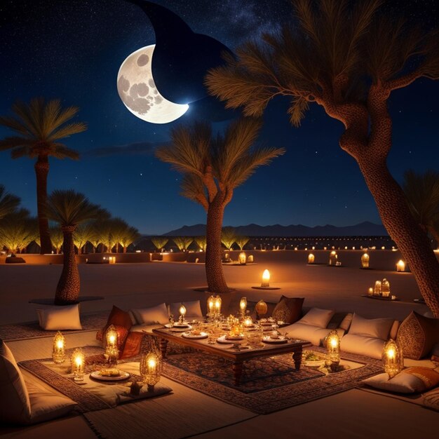 ramadan kareem concepto iftar en el desierto